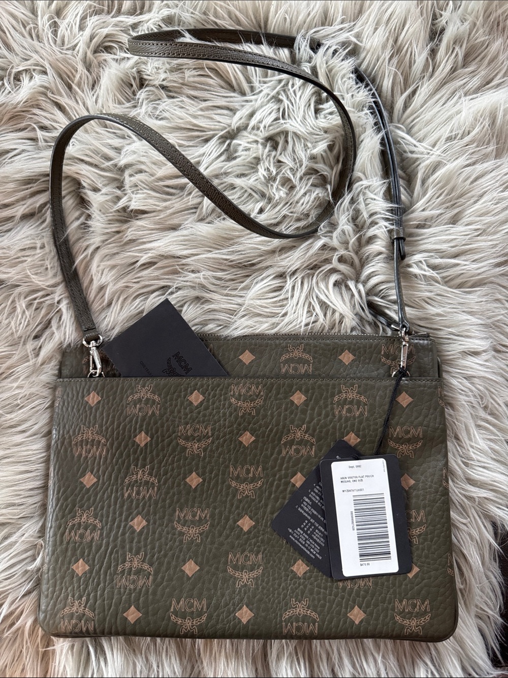 MCM Olive Monogram Crossbody Pouch with Tan Accents